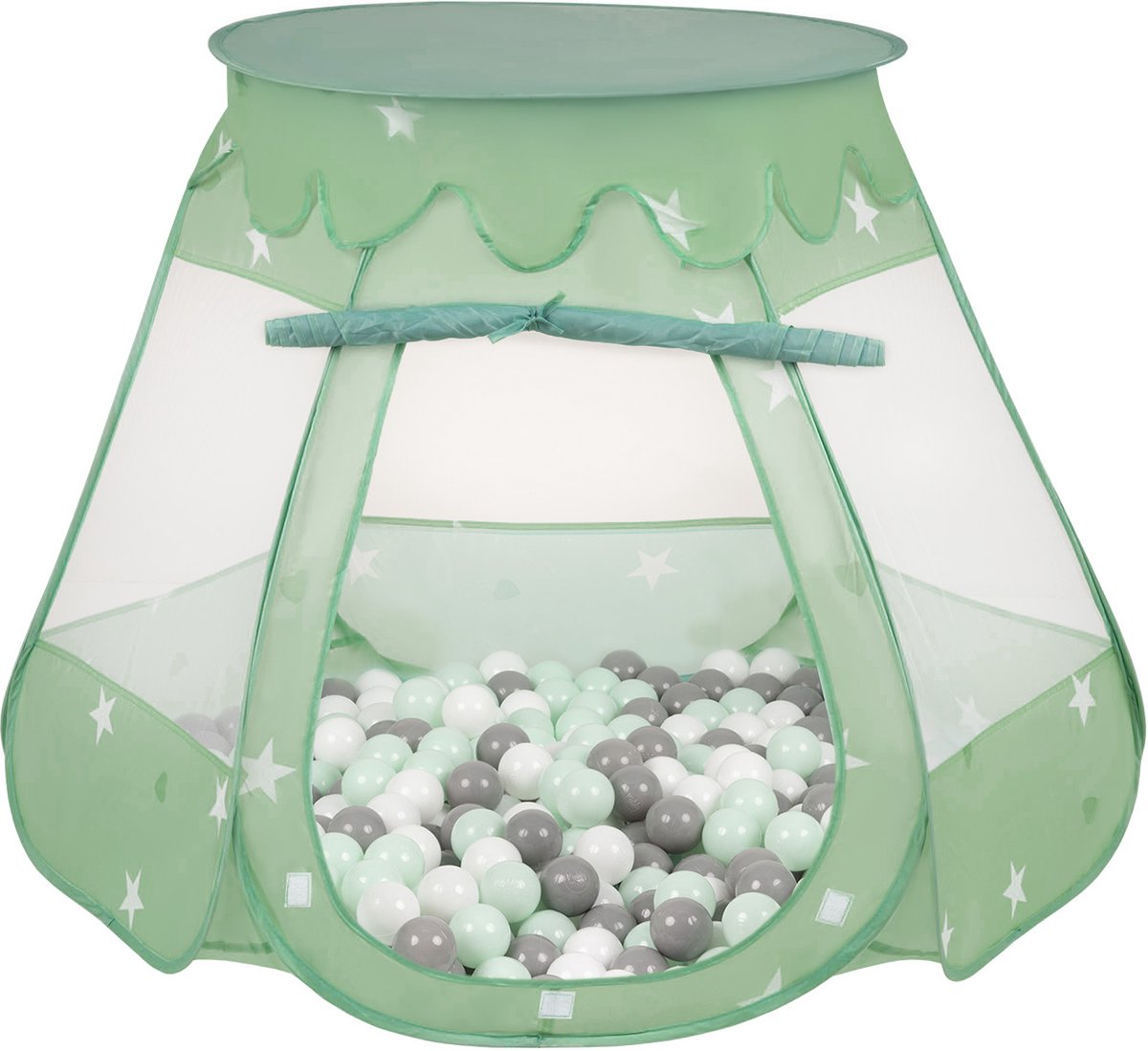 Selonis Pop Up Kasteeltent Mint Voor Kinderen - 100 Ballen Speeltent - Binnen En Buiten Speelhuisje - 105x90 cm - Wit Grijs Mint
