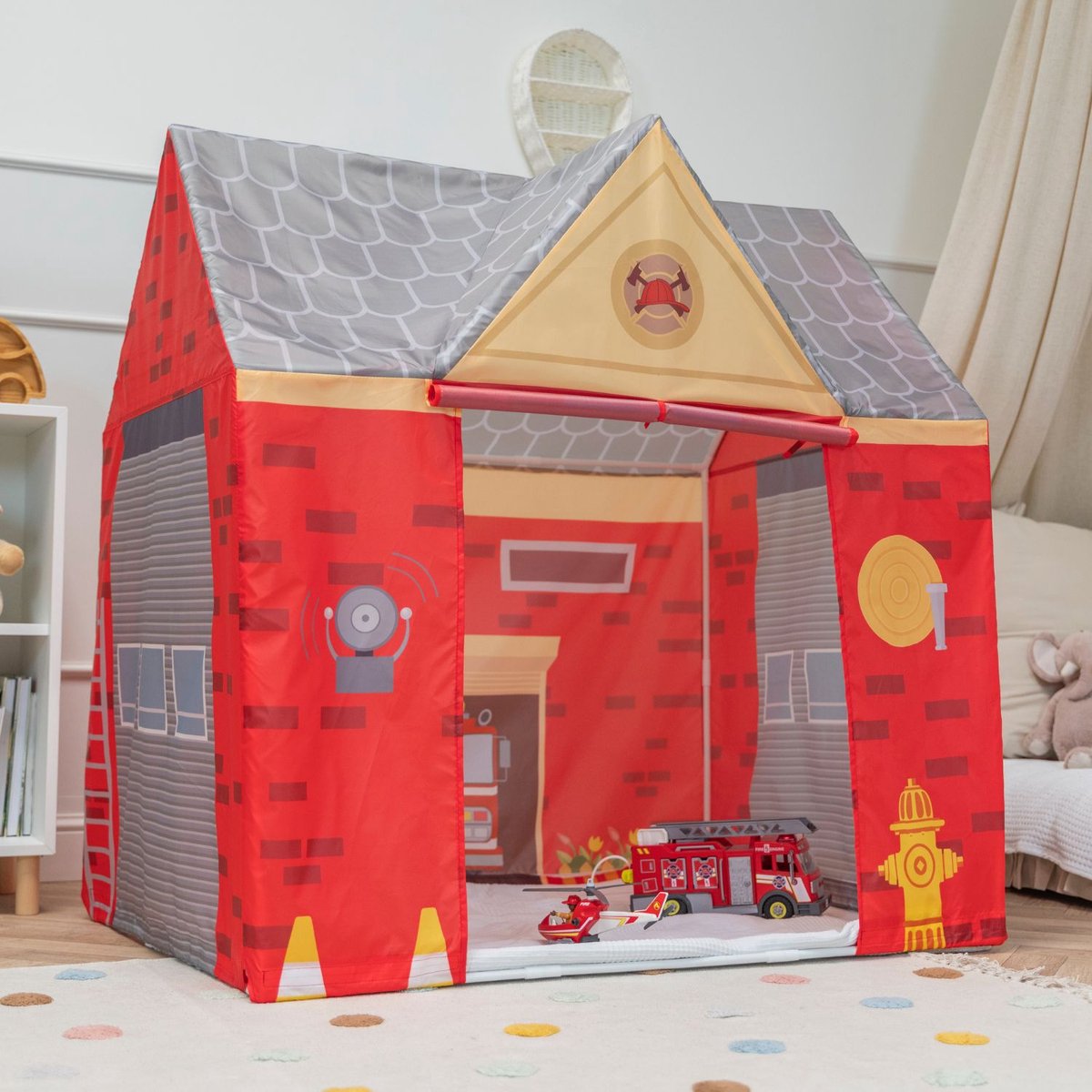 Selonis Speelhuisje Brandhut voor kinderen 110x80x115cm - Opvouwbare   - Kinderhuisje - Kinderkamer Decor tent - Realistisch Ontwerp - Speelhuis baby - Speelhuis kinderen - Rood-grijs