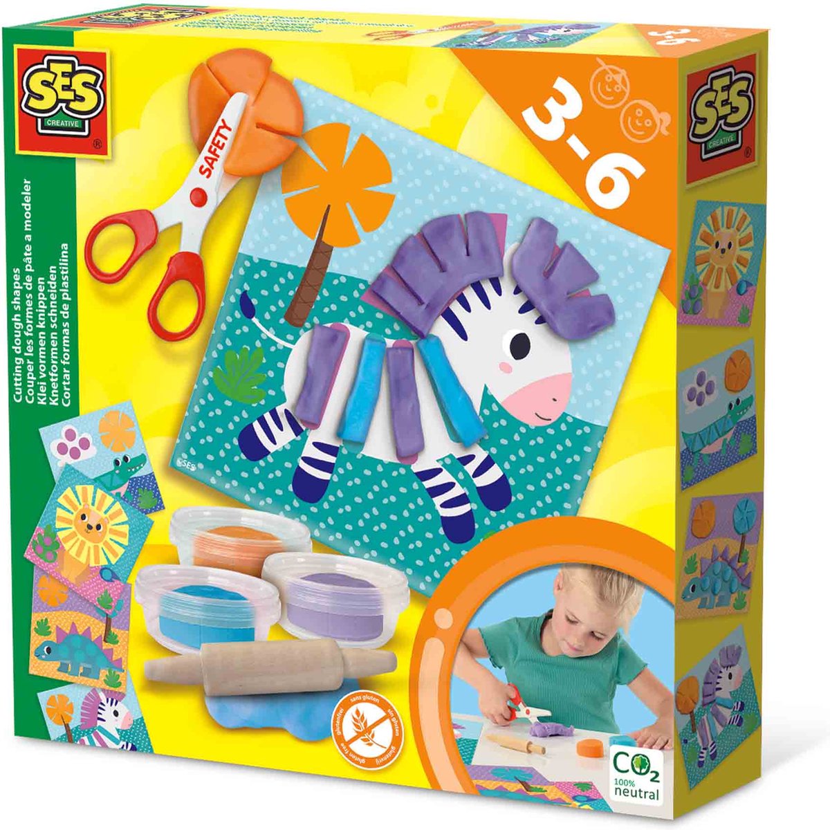 SES - Klei vormen knippen - 3 kleuren klei (3x40g) - met veilige kinderschaar en herbruikbare klei kaarten - glutenvrij