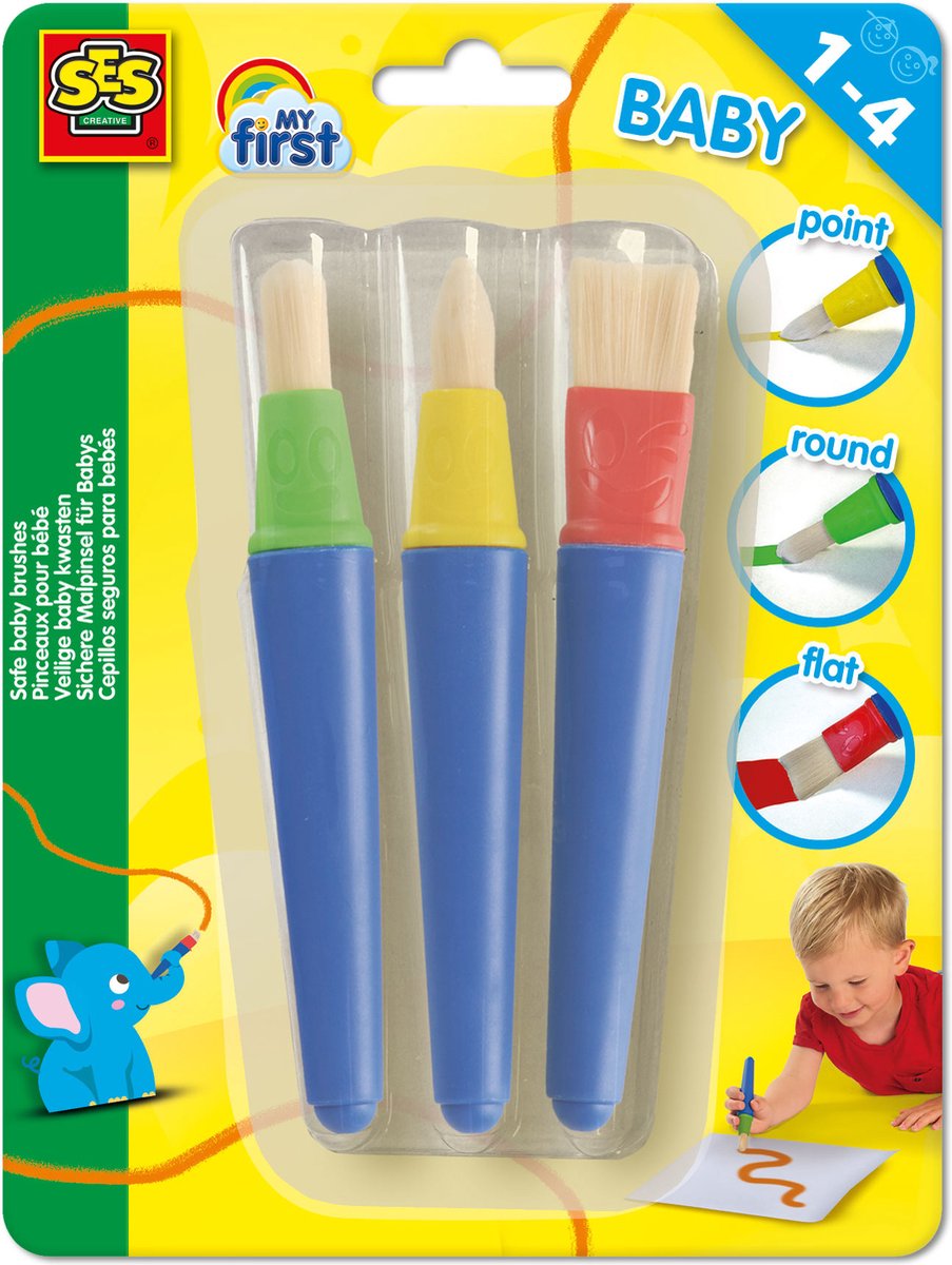   - My First - 3 Veilige Babykwasten van Kunststof – Stevig en Goede grip voor kleine handjes - Platte, Ronde en punt Kwast - vanaf 1 jaar