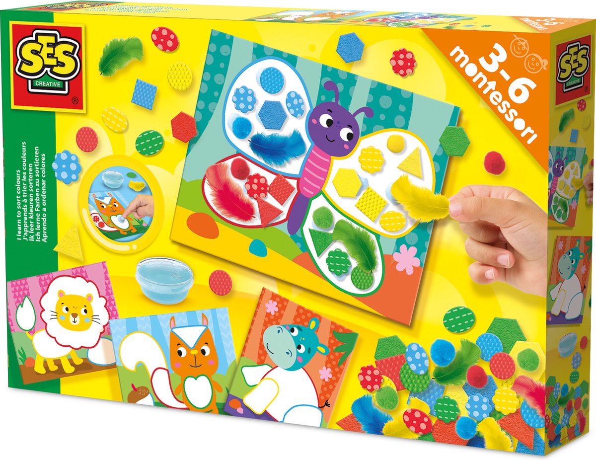   14062 Montessori Speelgoed Kleuren en materialen sorteren - 4 plakkaarten - Sensorisch speelgoed - Veertjes, Structuur foam, vilt en vingerlijm