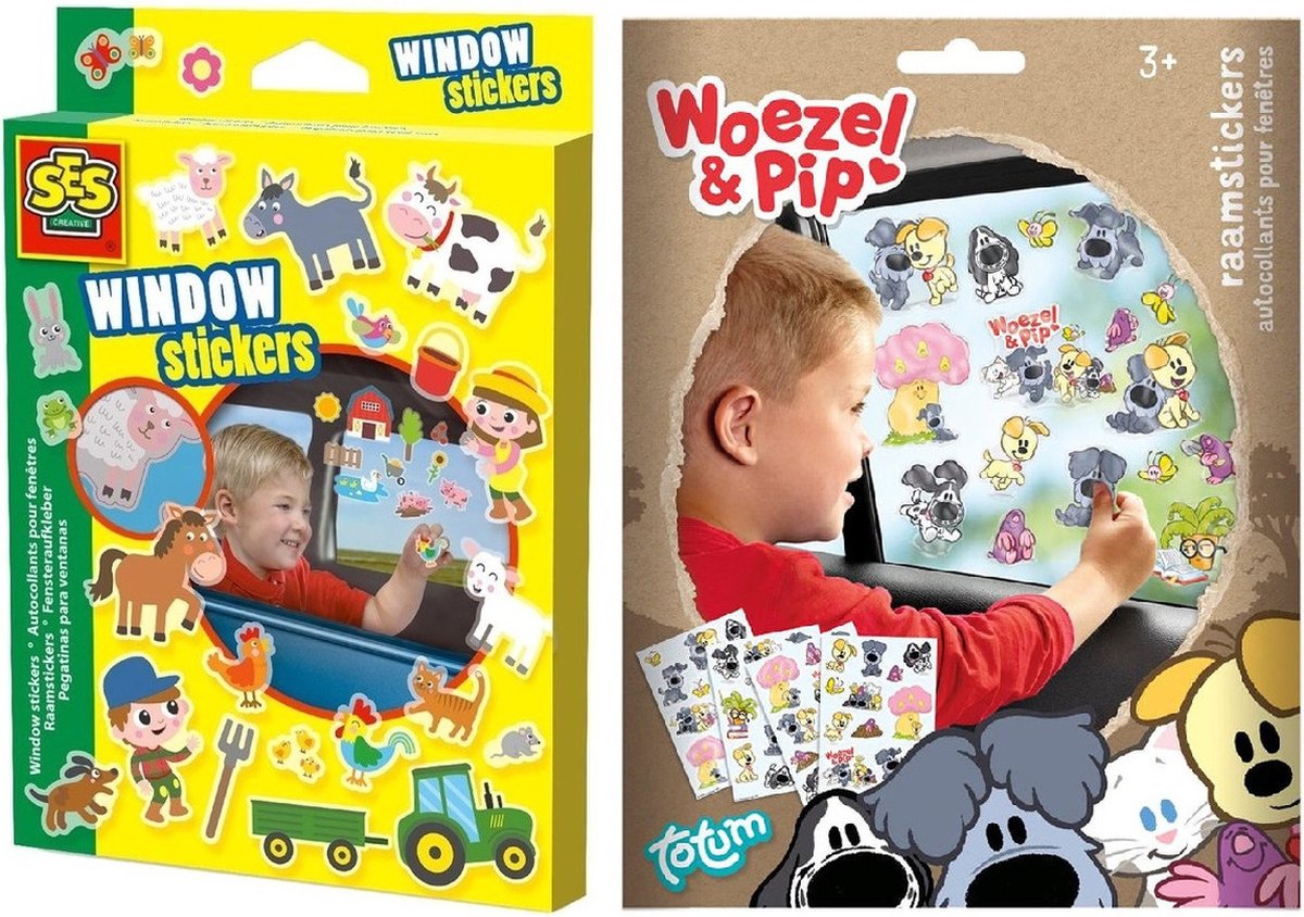 Kinder autoraam beplakken stickers combinatie set boerderij en Woezel en Pip thema - Vinyl stickers