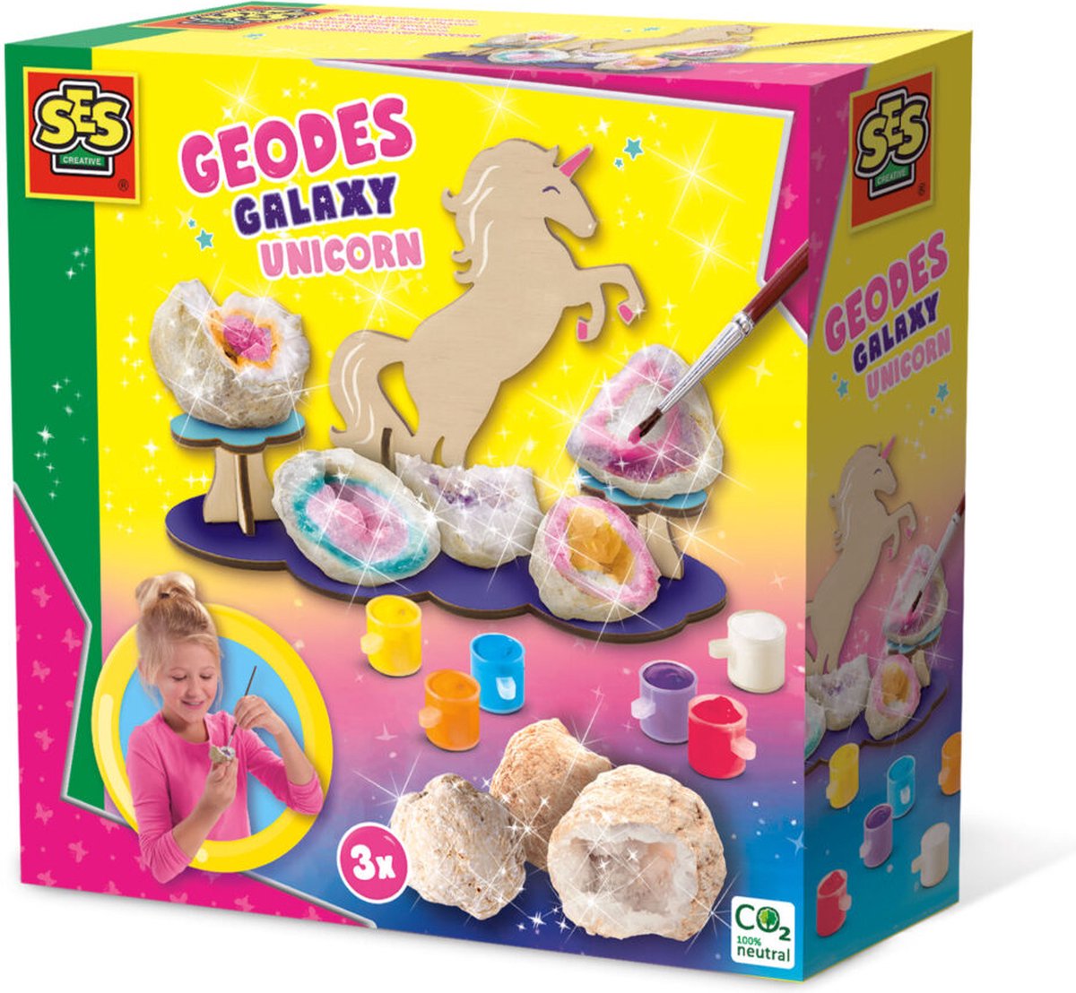   - Galaxy - Geodes unicorn - echte geodes - inclusief verf en penseel - met eenhoorn display van hout