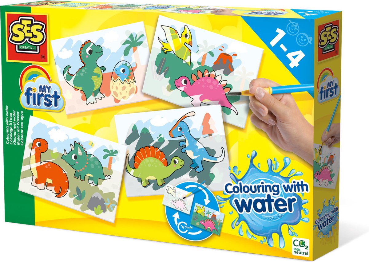   - My First - Verven - Kleuren met water - Dinos - geen geknoei - vrolijke kaarten met veilige kwast - steeds opnieuw te gebruiken