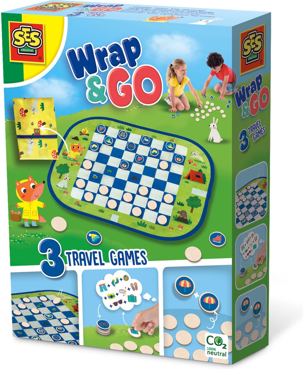 SES - Wrap&Go reisspellen - Dammen - Memo - Ik ga op reis en ik neem mee - 3 in 1 - travel size - speelbord is de bewaartas - houten onderdelen