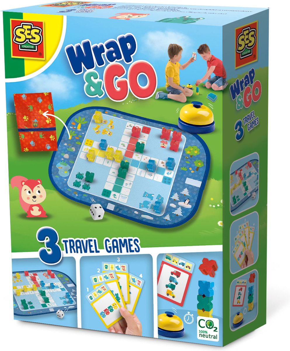   - Wrap&Go reisspellen - Ludo - Kwartet - Speed blocks - 3 in 1 - travel size - speelbord is de bewaartas - houten onderdelen