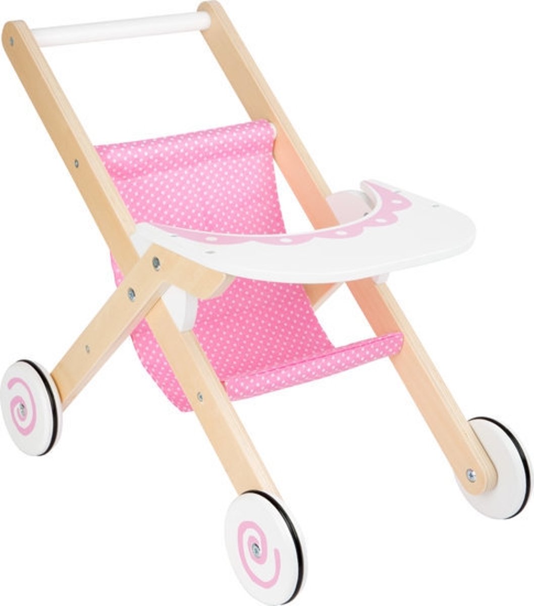 Houten poppen Buggy + rubber afgewerkte wielen - handvat hoogte 41cm - Houten speelgoed vanaf 3 jaar