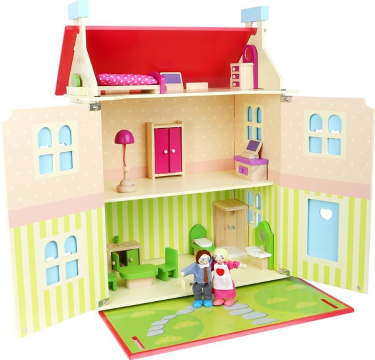 Houten poppenhuis + 15 poppenhuis meubels - Verwijderbaar dak - houten speelgoed vanaf 3 jaar