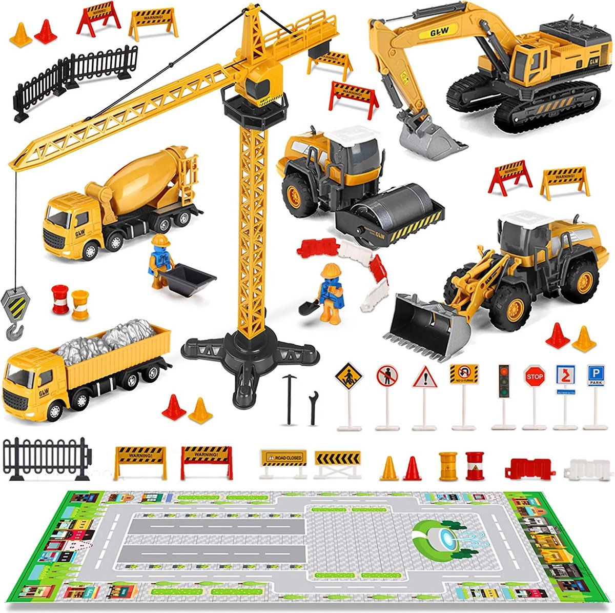 SGODDE Speelfigurenset - graafmachine - bulldozer - vrachtwagen - bouwvoertuigen - voertuigen - speelgoed set - mini autos - voor Dieren - Kinderspeelgoed voor Jongens en Meisjes van 3+ - set van 36