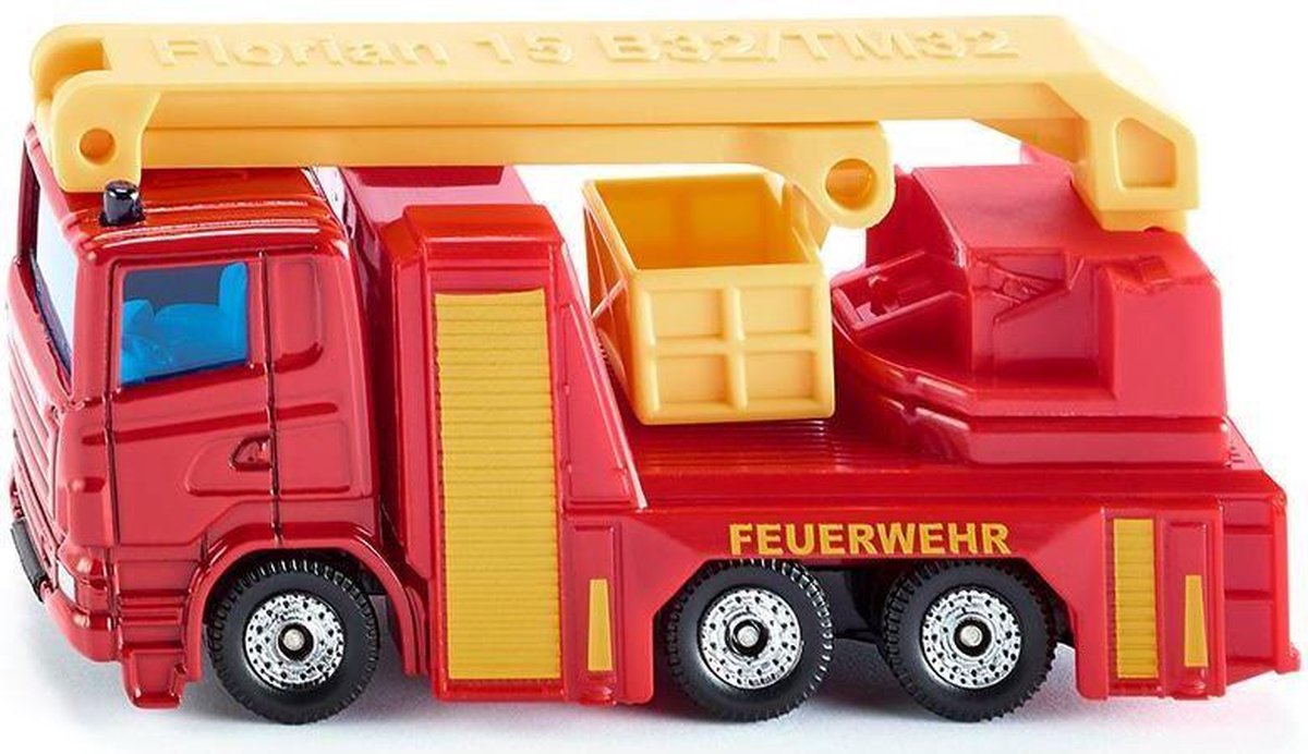 Scania feuerwehr hoogwerker 12 cm staal rood/geel (1080)