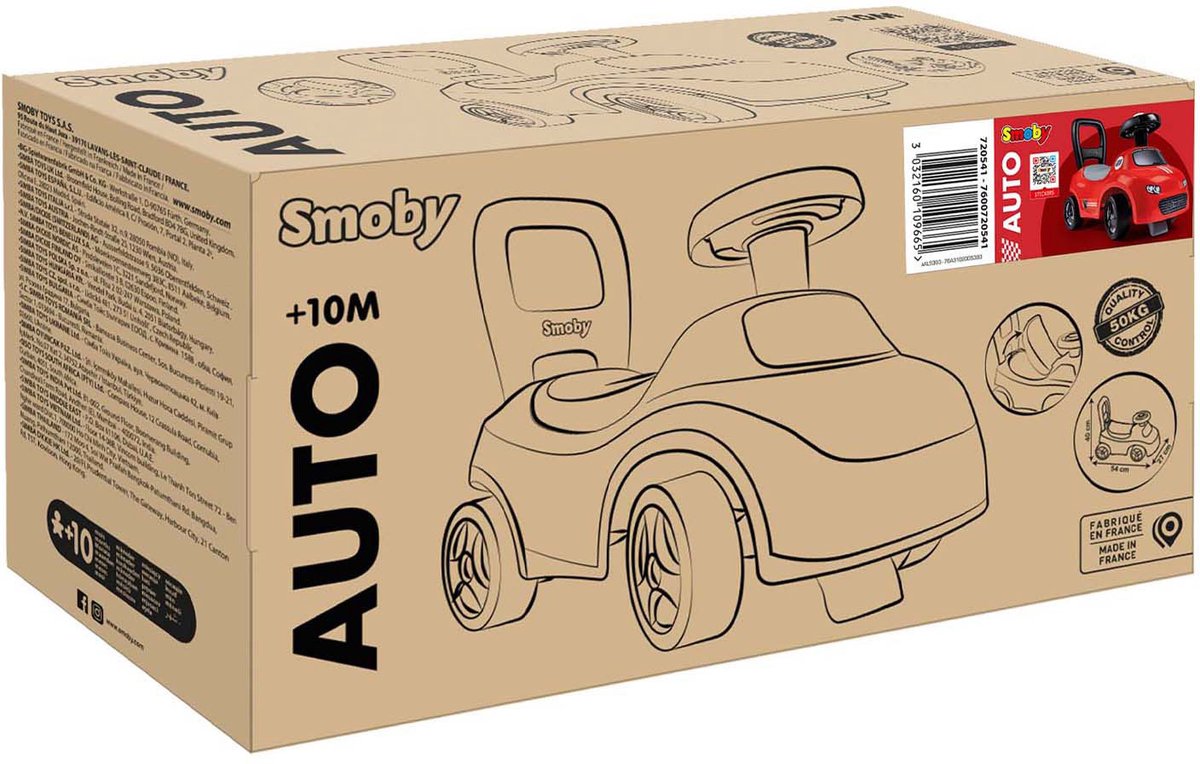 Smoby - 2 in 1 kinderdrager - Auto Red - Doos onder het zadel + claxon - Vanaf 10 maanden - Made in France