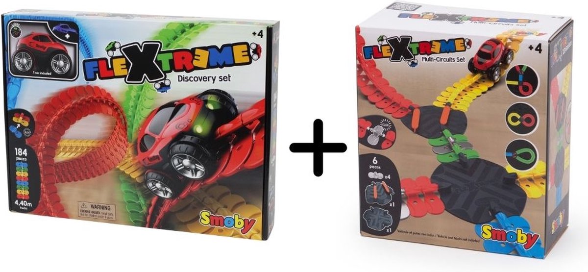 Smoby - FleXtreme Discovery Set & Multi-Circuits - Racebaan - Inclusief Raceauto & 3 Batterijen - 190 Onderdelen - Kunststof