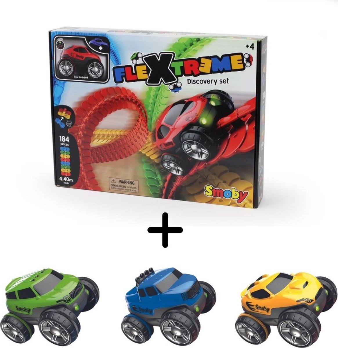 Smoby - FleXtreme Discovery Set - Racebaan & FleXtreme Raceautos - Truck, SUV & Auto - Met Voor- en Achterlichten - Vanaf 4 Jaar - Kunststof - Blauw, Groen & Geel