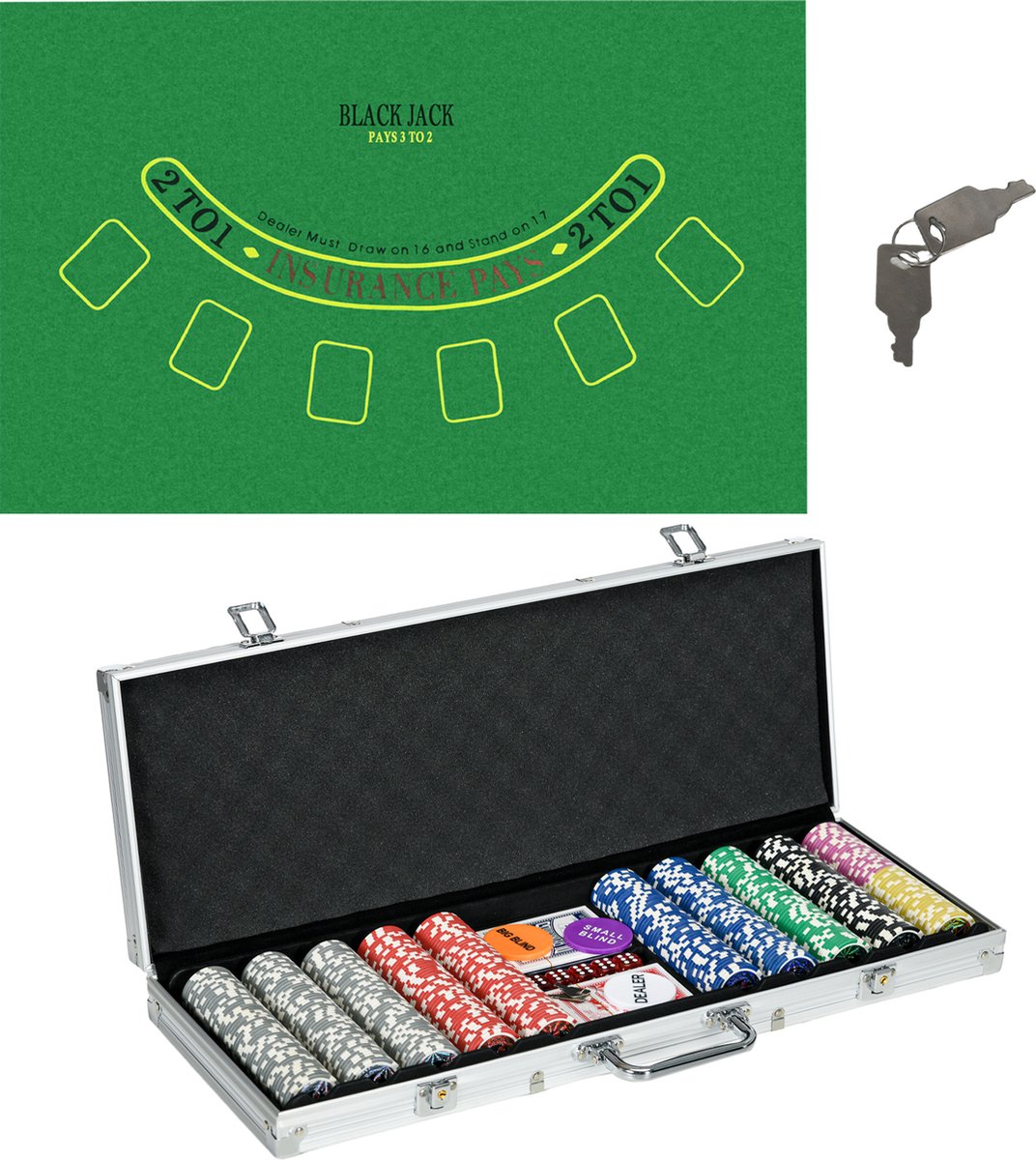     met Slot - 500 Pokerchips 11,5 Gram - 2 Pokerdecks - 5 Dobbelstenen - 1 Dealer Button - 1 Small Blind - 1 Big Blind - Zilver