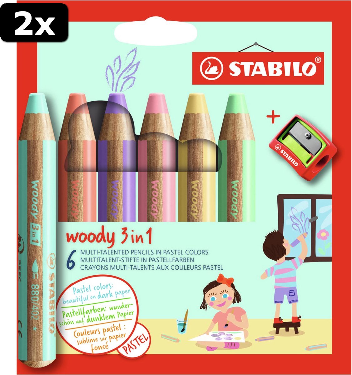 2x STABILO woody 3 in 1 pastel etui 6 stuks