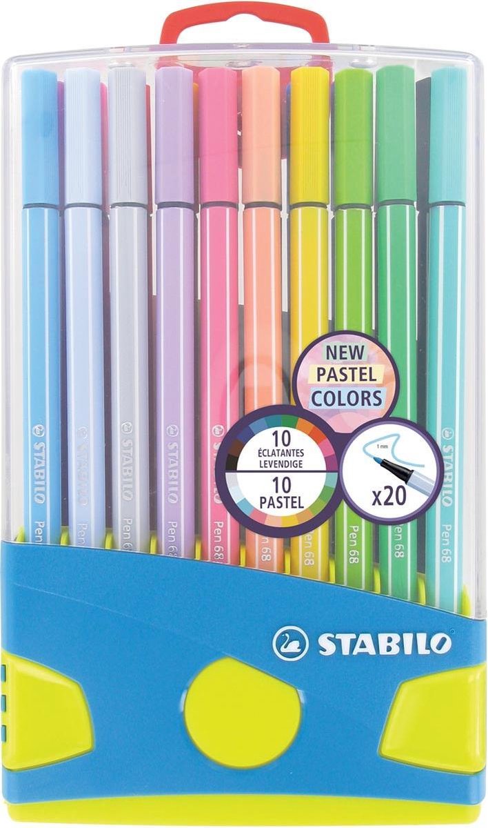 3x Stabilo viltstift Pen 68, etui met 20 stuks in geassorteerde pastel kleuren