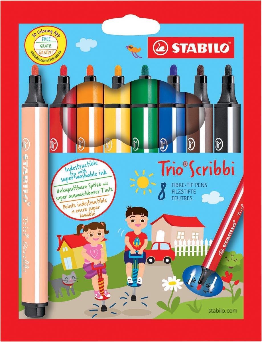 4x Stabilo viltstift Trio Scribbi, blister met 8 viltstiften in geassorteerde kleuren