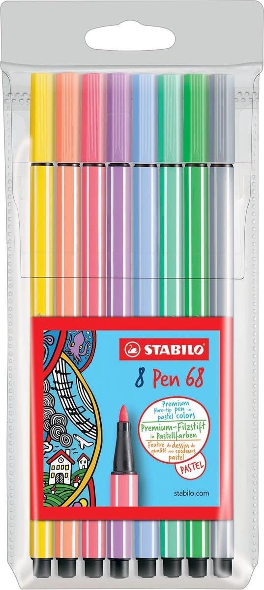 7x Stabilo viltstift Pen 68, etui met 8 stuks in geassorteerde pastel kleuren