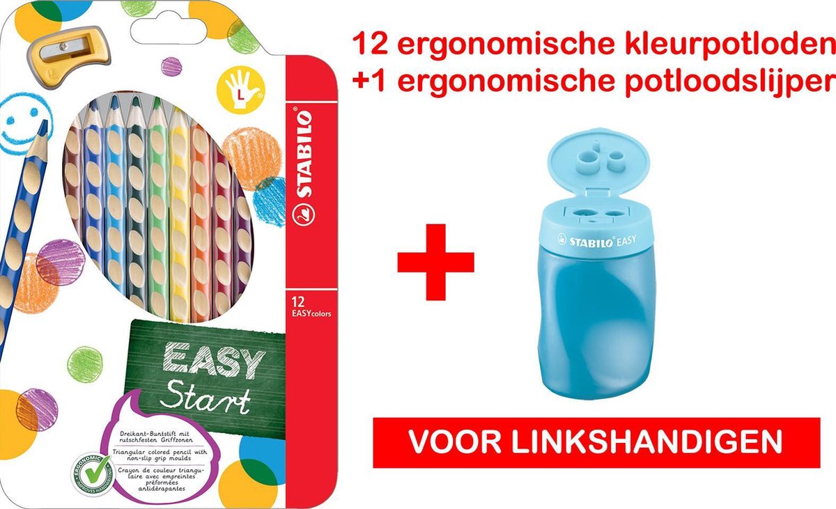 Ergonomische kleurpotloden STABILO EASYcolors etui 12 stuks + 1 ergonomische potloodslijper (blauw) beide geschikt voor linkshandigen