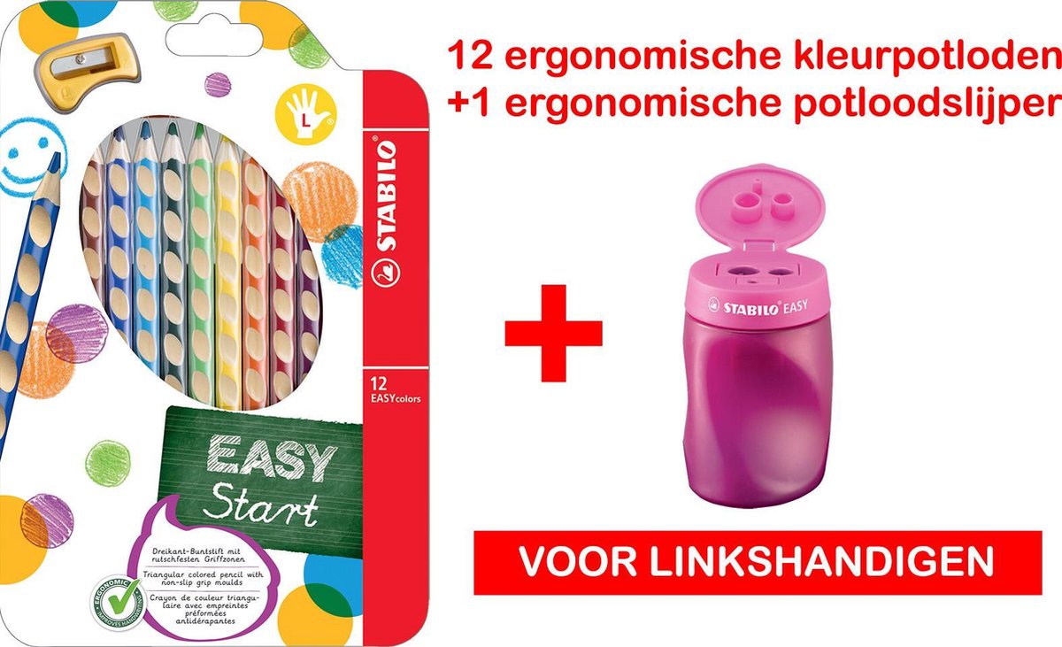 Ergonomische kleurpotloden STABILO EASYcolors etui 12 stuks + 1 ergonomische potloodslijper (roze) beide geschikt voor linkshandigen