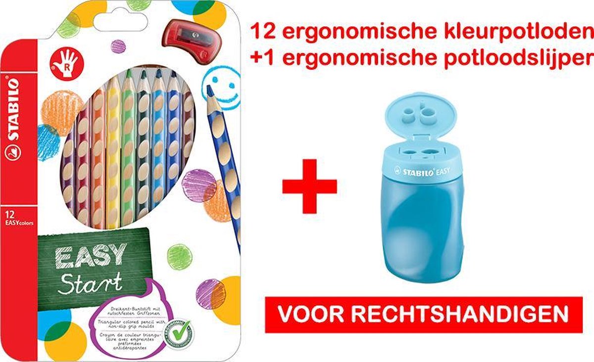 Ergonomische kleurpotloden etui 12 stuks + 1 ergonomische potloodslijper beide geschikt voor rechtshandigen