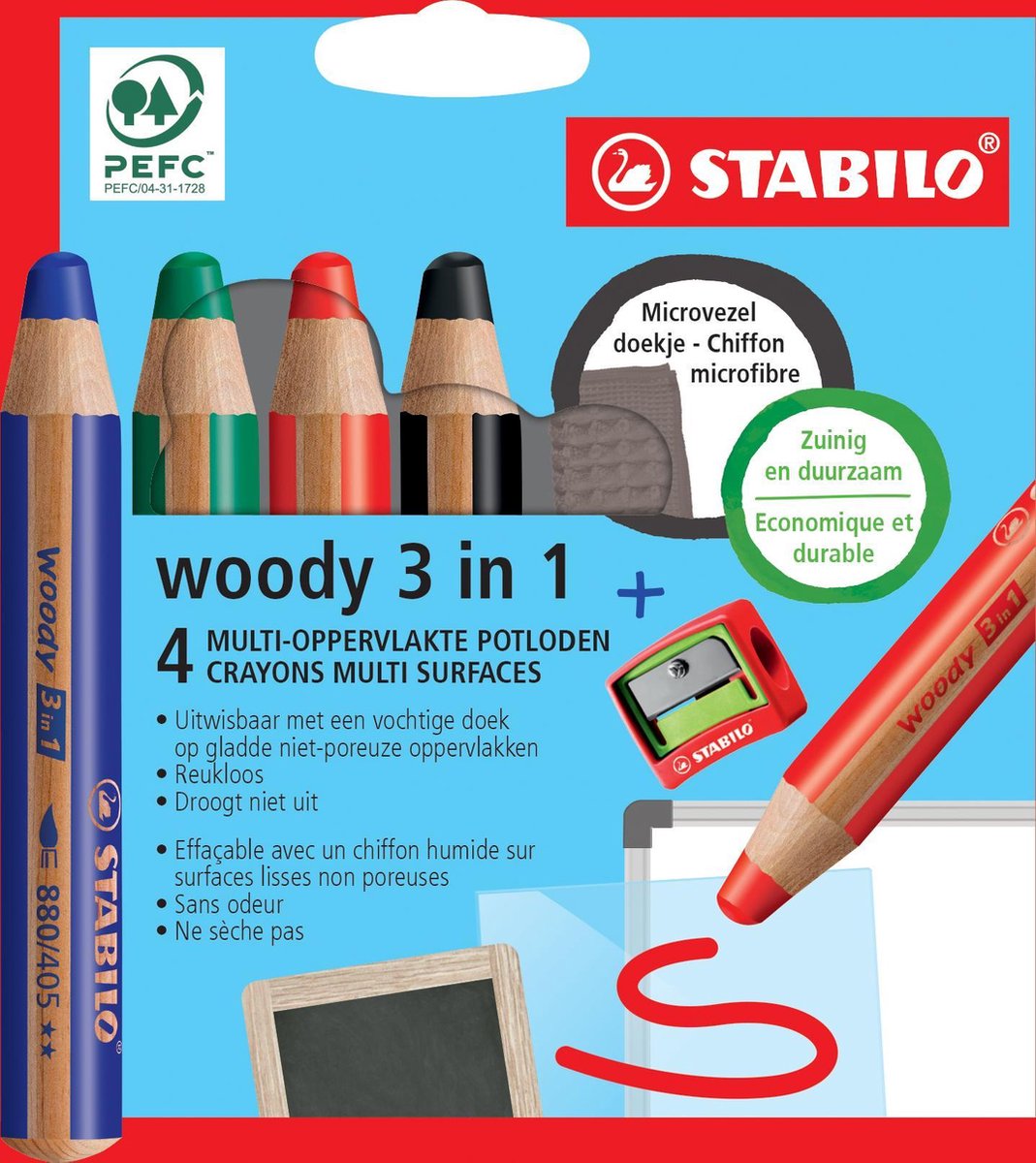 NIEUW - Kleurpotloden STABILO woody 3in1 voor witborden - 4 kleuren + 1 slijper + 1 microvezel doekje