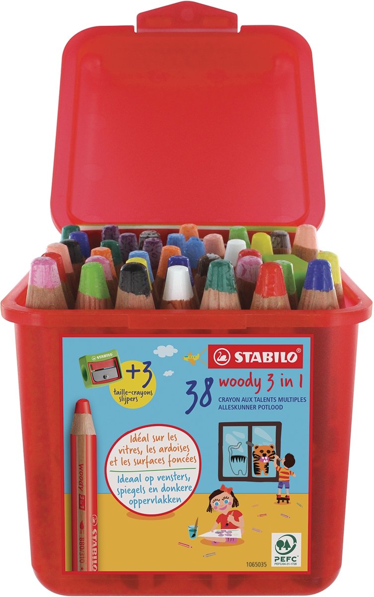 NIEUW - STABILO woody 3in1 - herbruikbaar doos met 38 stuks en 3 maxi potloodslijpers