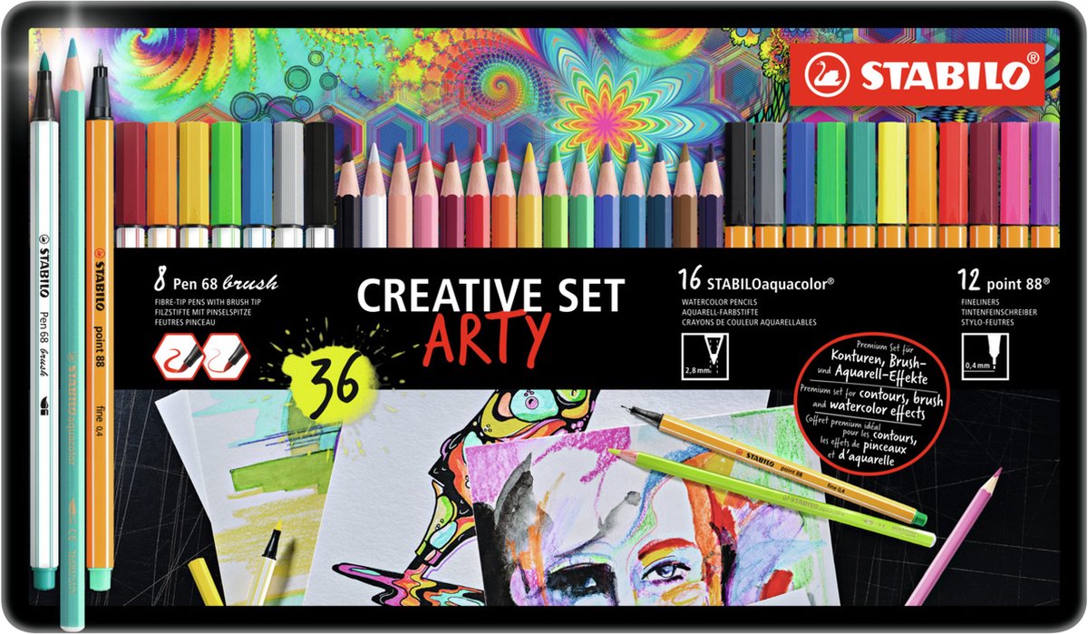 STABILO ARTY Creative (Metalen) Etui Met (16 x STABILO aquacolor, 12 x point 88, 8 x Pen 68 brush)