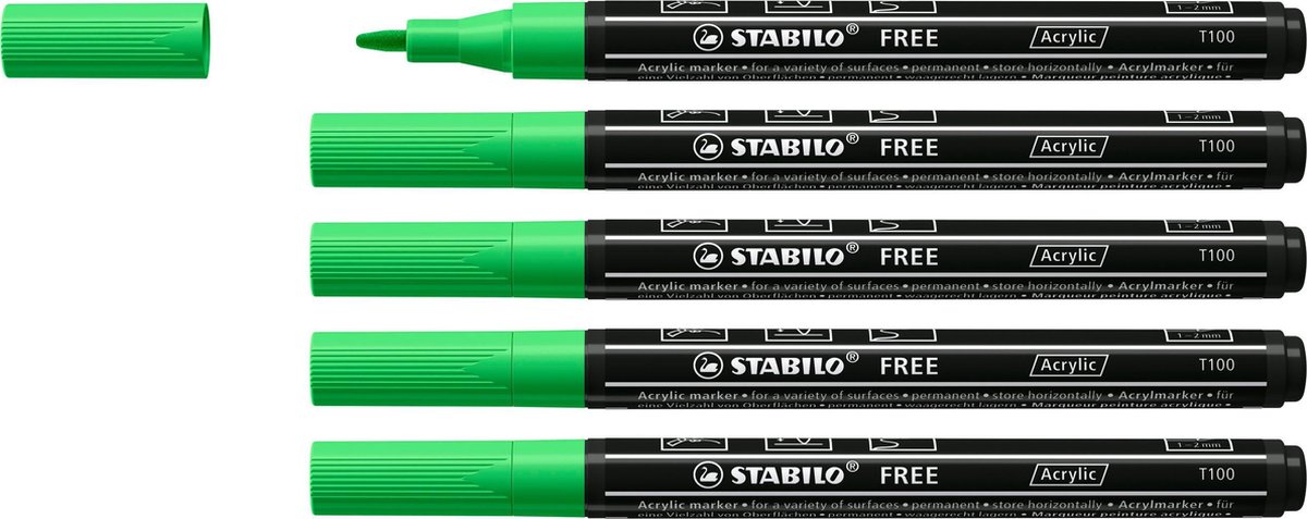 STABILO FREE - Acryl Marker - T100 - Ronde Punt - 1-2 mm - Loof Groen - Doos 5 stuks