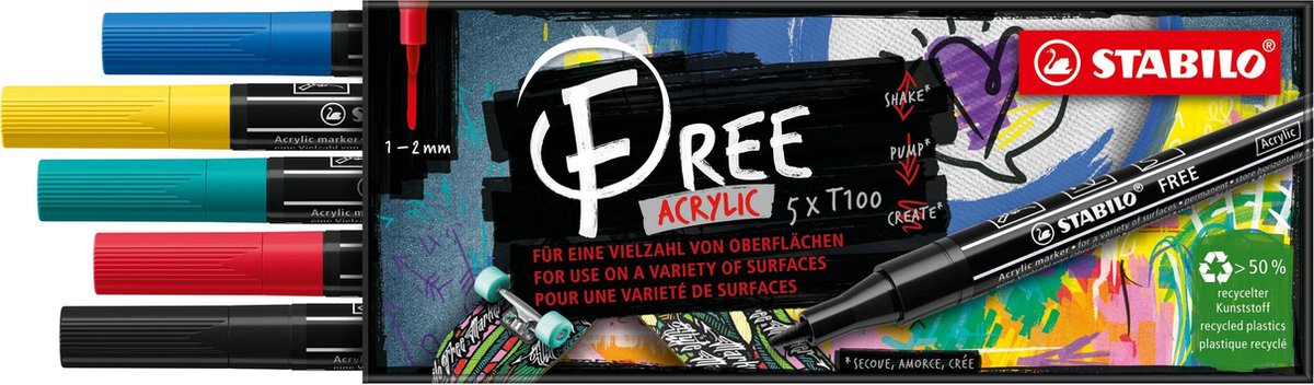 STABILO FREE - Acryl Marker - T100 - Ronde Punt - 1-2 mm - Set Royal - Met 5 Verschillende Kleuren