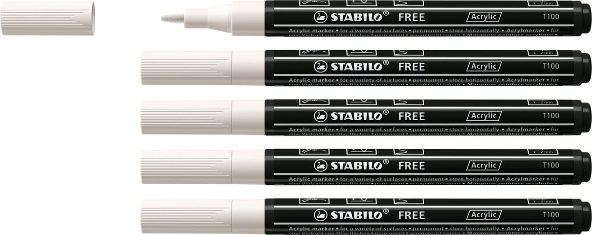 STABILO FREE - Acryl Marker - T100 - Ronde Punt - 1-2 mm - Wit - Doos 5 stuks