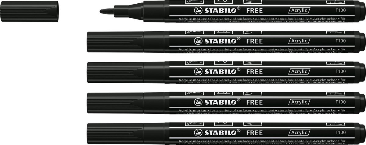 STABILO FREE - Acryl Marker - T100 - Ronde Punt - 1-2 mm - Zwart - Doos 5 stuks