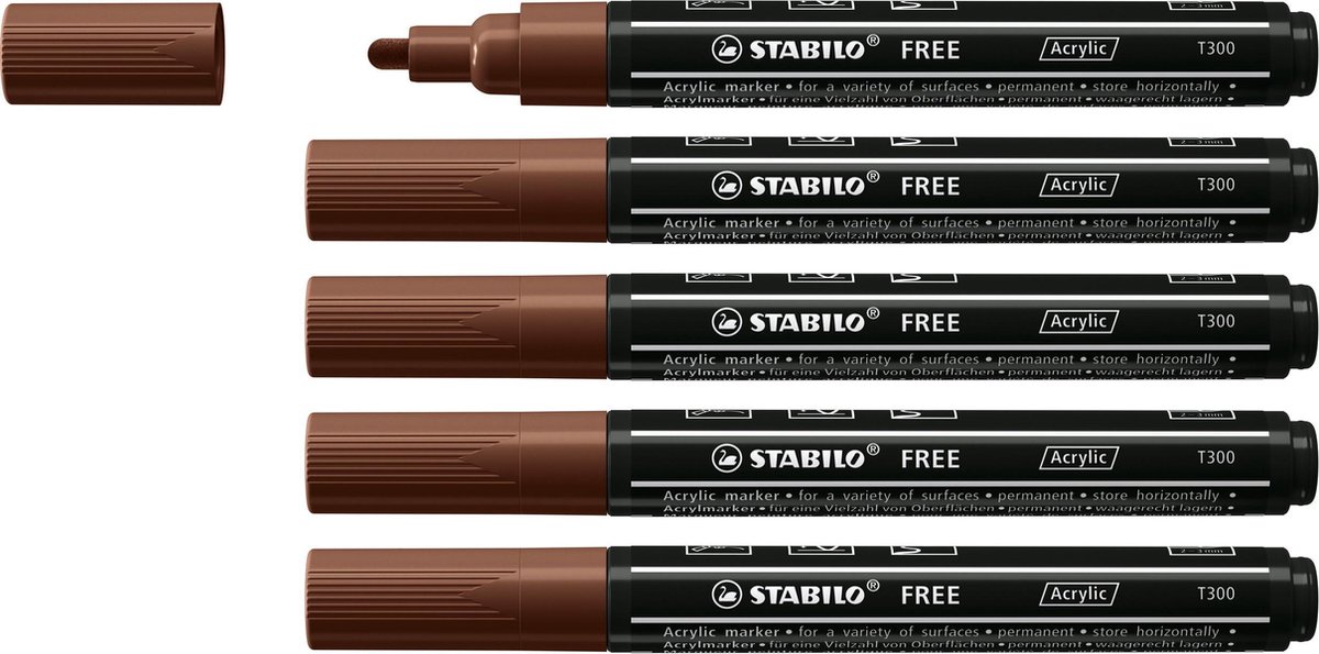 STABILO FREE - Acryl Marker - T300 - Ronde Punt - 2-3 mm - Bruin - Doos 5 stuks