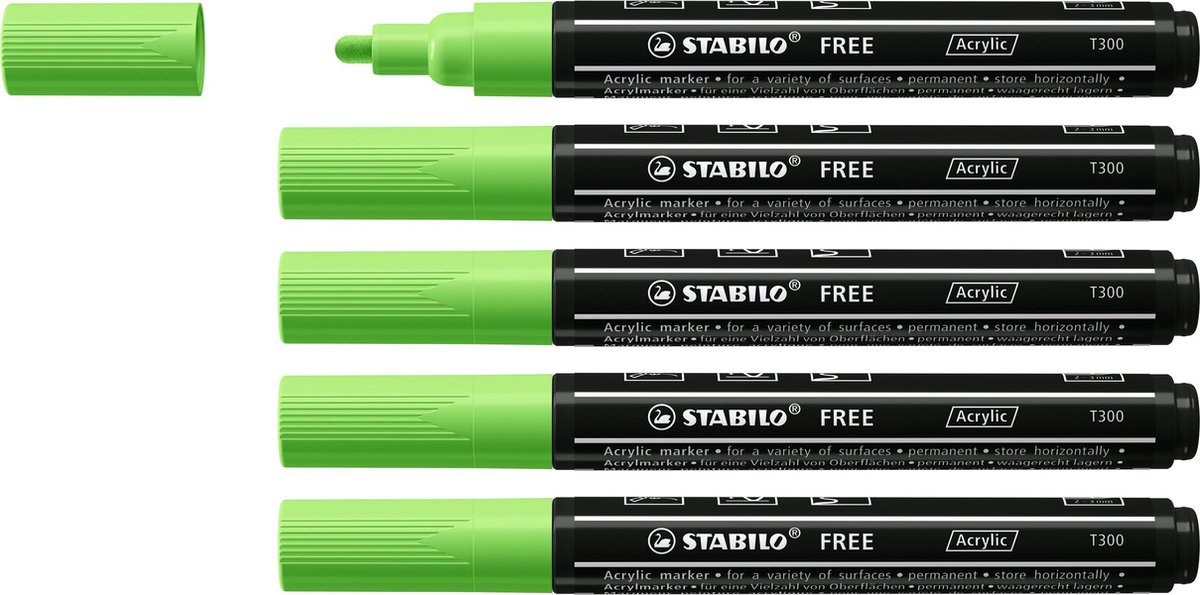 STABILO FREE - Acryl Marker - T300 - Ronde Punt - 2-3 mm - Licht Groen - Doos 5 stuks