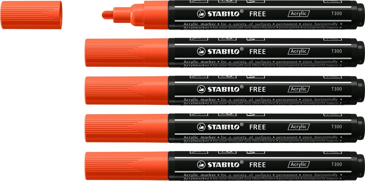 STABILO FREE - Acryl Marker - T300 - Ronde Punt - 2-3 mm - Licht Rood - Doos 5 stuks