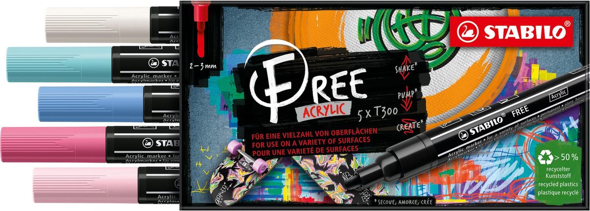 STABILO FREE - Acryl Marker - T300 - Ronde Punt - 2-3 mm - Set Candy - Met 5 Verschillende Kleuren