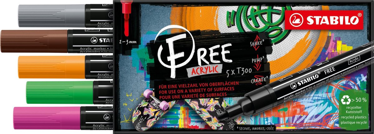 STABILO FREE - Acryl Marker - T300 - Ronde Punt - 2-3 mm - Set Vintage - Met 5 Verschillende Kleuren