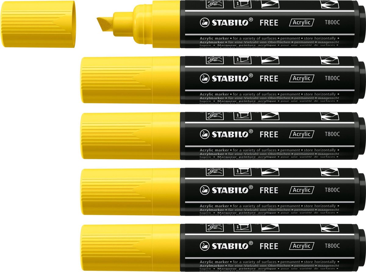 STABILO FREE - Acryl Marker - T800C - Schuine Punt - 4-10 mm - Geel - Doos 5 stuks