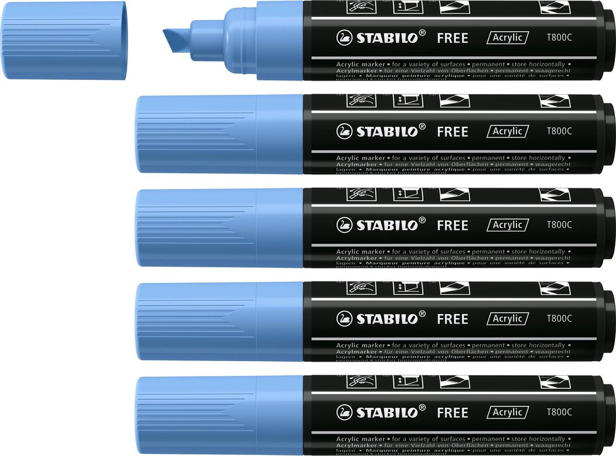 STABILO FREE - Acryl Marker - T800C - Schuine Punt - 4-10 mm - Kobalt Blauw - Doos 5 stuks