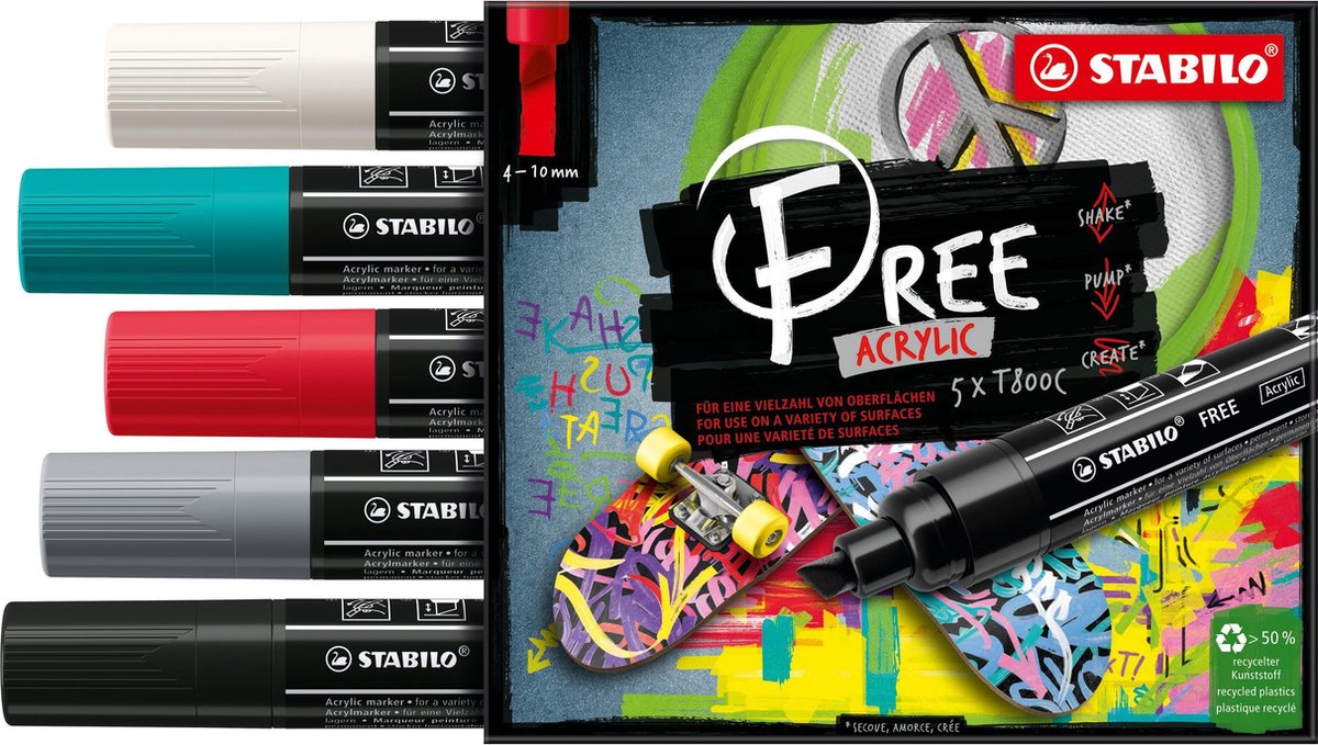 STABILO FREE - Acryl Marker -  T800C - Schuine Punt - 4-10 mm - Set Bold - Met 5 Verschillende Kleuren