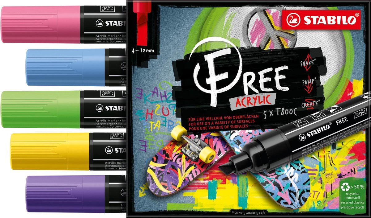 STABILO FREE - Acryl Marker -  T800C - Schuine Punt - 4-10 mm - Set Seaside - Met 5 Verschillende Kleuren