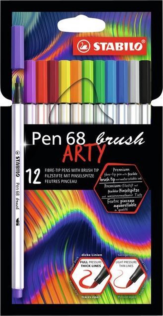 STABILO Pen 68 - Premium Brush Viltstift - Met Flexibele Penseelpunt - ARTY Etui Met 12 Verschillende Kleuren