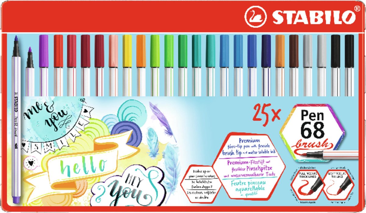 STABILO Pen 68 - Premium Brush Viltstift - Met Flexibele Penseelpunt - Metalen Etui met 25 stuks in 19 Verschillende Kleuren