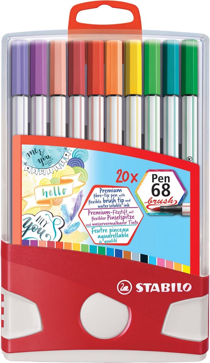 STABILO Pen 68 brush, ColorParade, rood-grijze doos, 20 stuks in geassorteerde kleuren 5 stuks