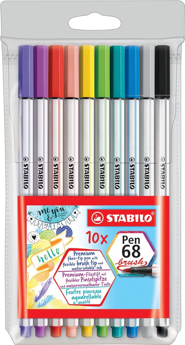 STABILO Pen 68 brush, etui van 10 stuks in geassorteerde kleuren 10 stuks