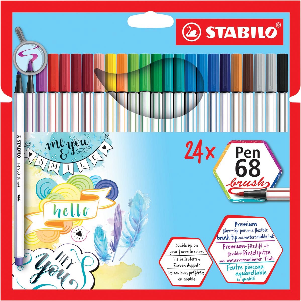 STABILO Pen 68 brush, etui van 24 stuks in geassorteerde kleuren 6 stuks