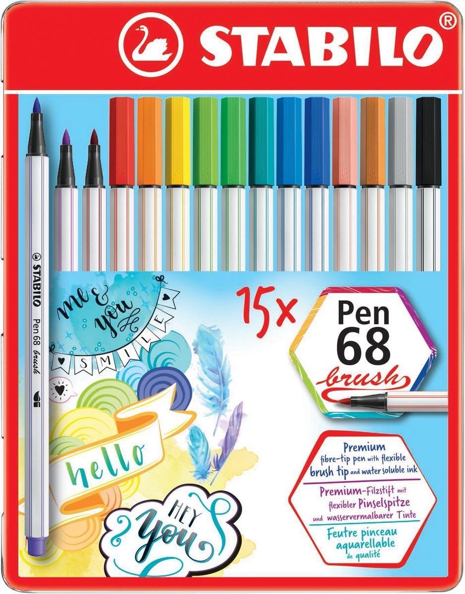 STABILO Pen 68 brush, metalen doos van 15 stuks in geassorteerde kleuren