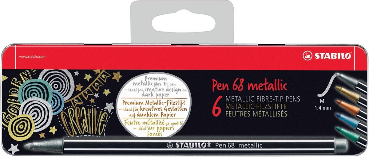 STABILO Pen 68 metallic viltstift, 6 kleuren, metalen doos van 6 stuks 10 stuks