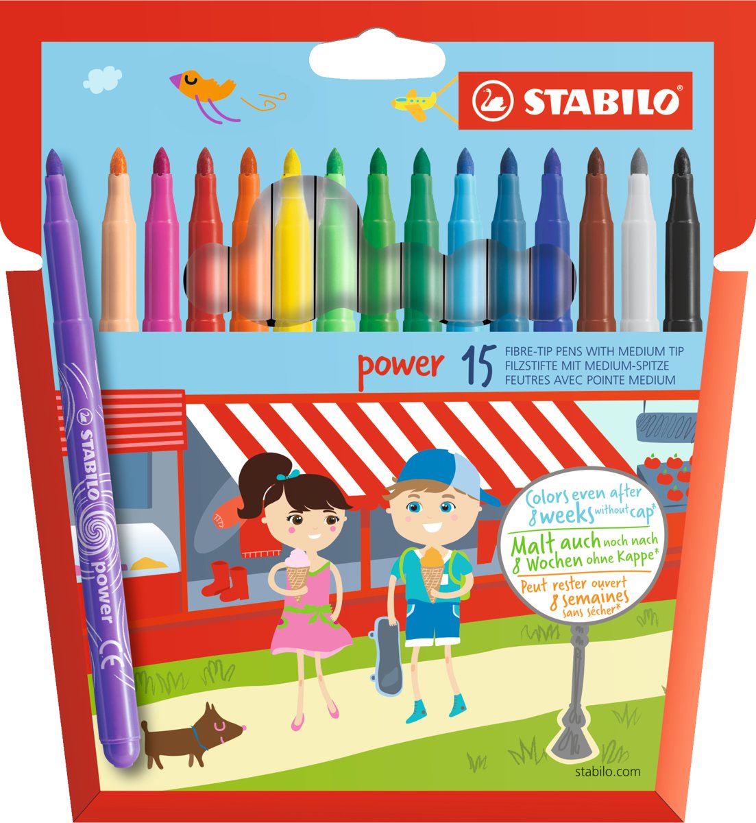 Stiften - STABILO power - etui 15 kleuren - medium punt - tot 8 weken zonder dop