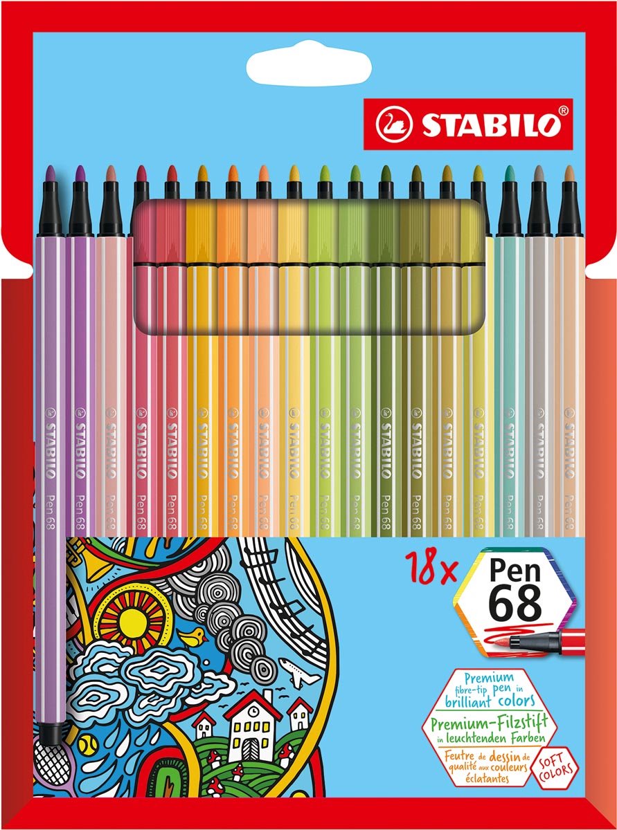 Viltstift stabilo pen 68 etui à 18 nieuwe kleuren